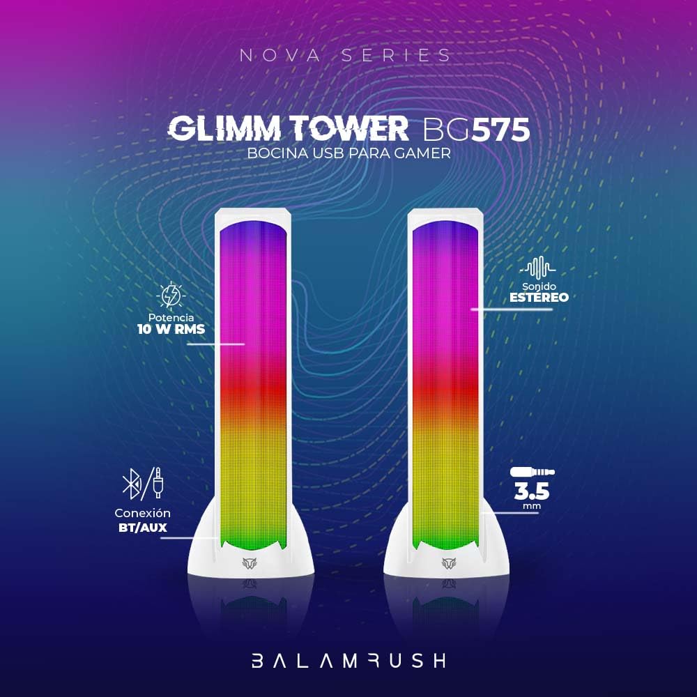 Bocinas Balam Rush Glimm Tower BG575 Bluetooth/auxiliar3.5 10w 2.0 iluminacion RGB Gamer