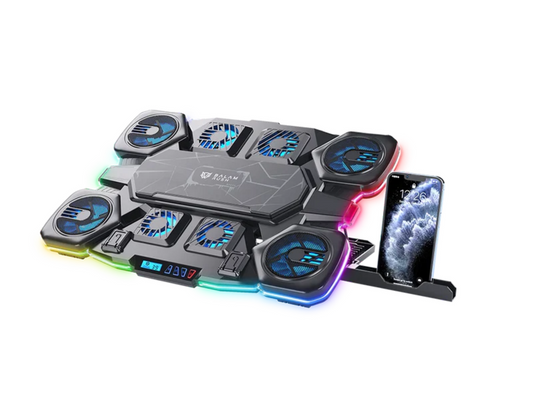 Base enfriadora Balam Rush para laptop 17 Eolox Cryotech EF780 Legend Negro 8Vent 70mm 2xUSB Soporte para Celular 6 Niveles de Ajuste RGB
