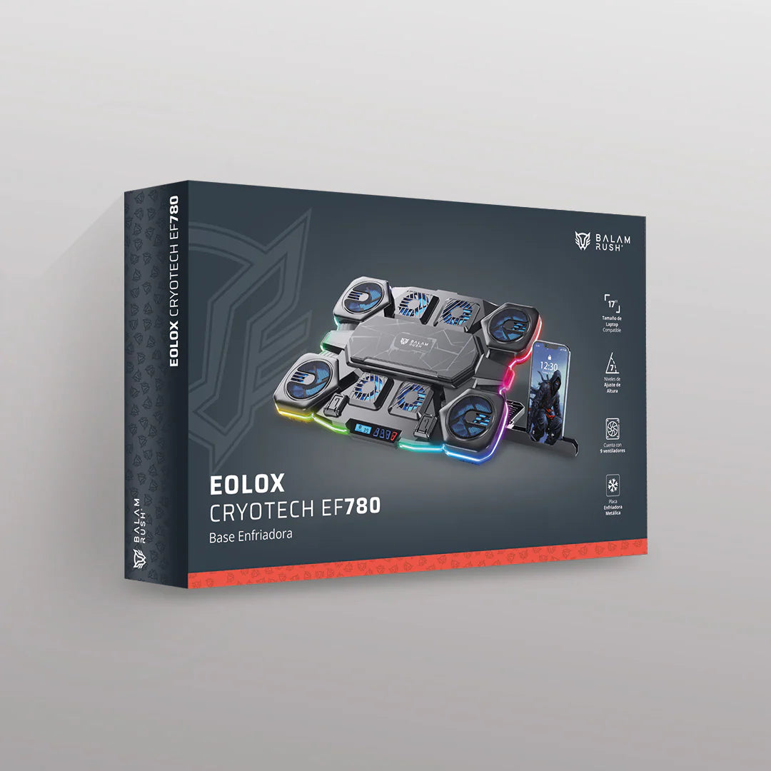 Base enfriadora Balam Rush para laptop 17 Eolox Cryotech EF780 Legend Negro 8Vent 70mm 2xUSB Soporte para Celular 6 Niveles de Ajuste RGB