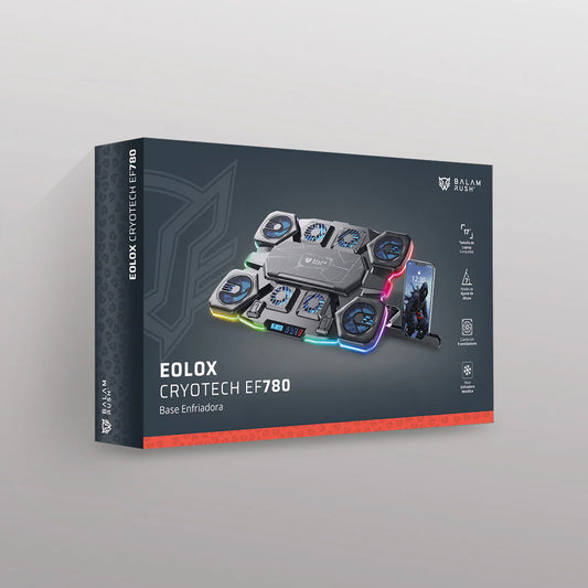 Base enfriadora Balam Rush para laptop 17 Eolox Cryotech EF780 Legend Negro 8Vent 70mm 2xUSB Soporte para Celular 6 Niveles de Ajuste RGB