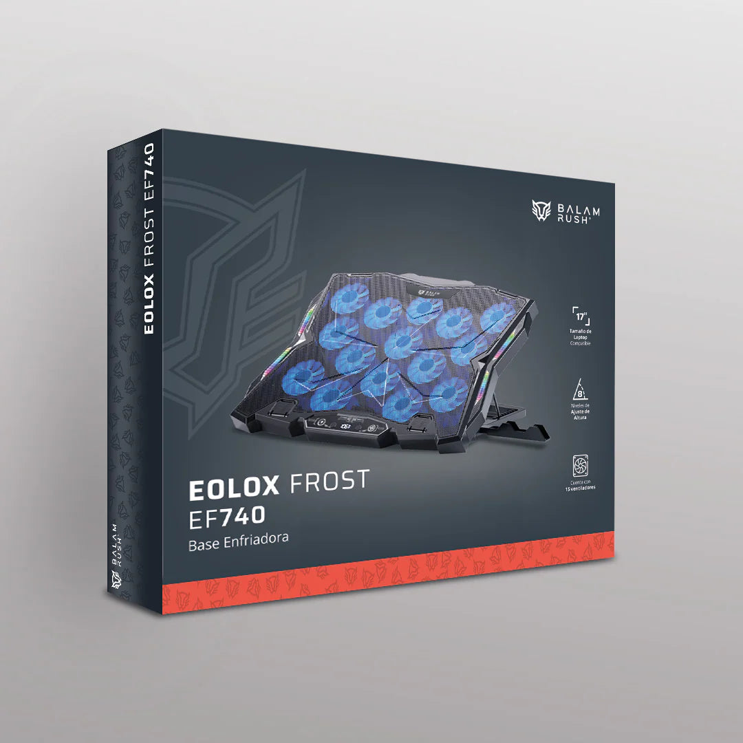 Base enfriadora Balam Rush para laptop 17 Eolox Frost EF740 Legend N 15 Vent 60mm 1xUSB C 1xUSB A Soporte para Celular 8 Niv Ajuste RGB