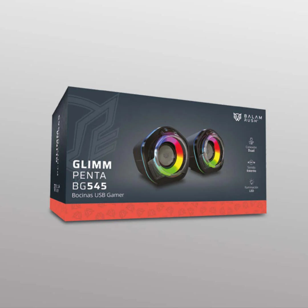 Bocinas Balam Rush Glimm Penta BG545 Blanco Bluetooth 5.0 USB A Sonido Estereo 2.0 Canales 6W RGB Azender