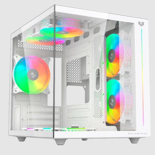 Gabinete Balam Rush Tank Pro Evo GM955 Blanco ventana RGB Mini-Tower ITX/Micro-ATX sin fuente 3 Ventiladores ARGB Instalados