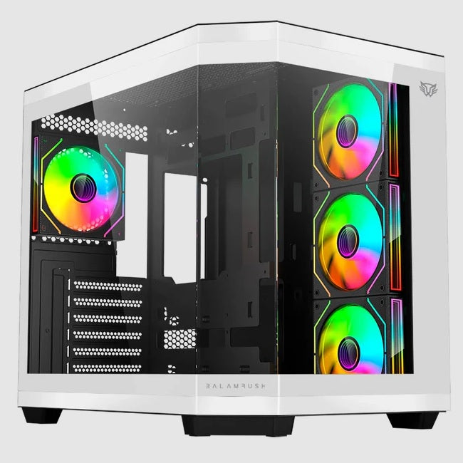 Gabinete Balam Rush Tank Master 9600 TB Media torre blanco y negro cristal sin bordes 4xVentiladores ARGB ATX sin fuente