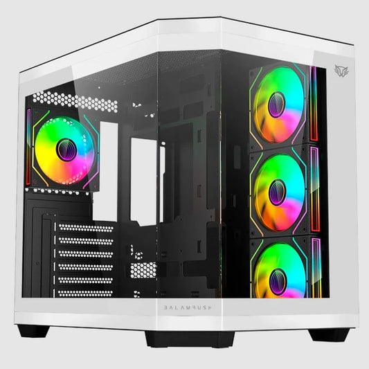 Gabinete Balam Rush Tank Master 9600 TB Media torre blanco y negro cristal sin bordes 4xVentiladores ARGB ATX sin fuente