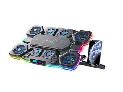 Base enfriadora Balam Rush para laptop 17 Eolox Cryotech EF780 Legend Negro 8Vent 70mm 2xUSB Soporte para Celular 6 Niveles de Ajuste RGB