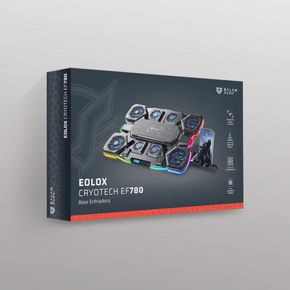 Base enfriadora Balam Rush para laptop 17 Eolox Cryotech EF780 Legend Negro 8Vent 70mm 2xUSB Soporte para Celular 6 Niveles de Ajuste RGB