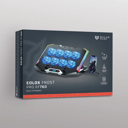 Base enfriadora Balam Rush para laptop 17 Eolox Frost Pro EF760 Legend Negro 15Vent 60mm 1xUSB A 1xUSB C Soporte para Celular 8Niveles de Ajuste RGB